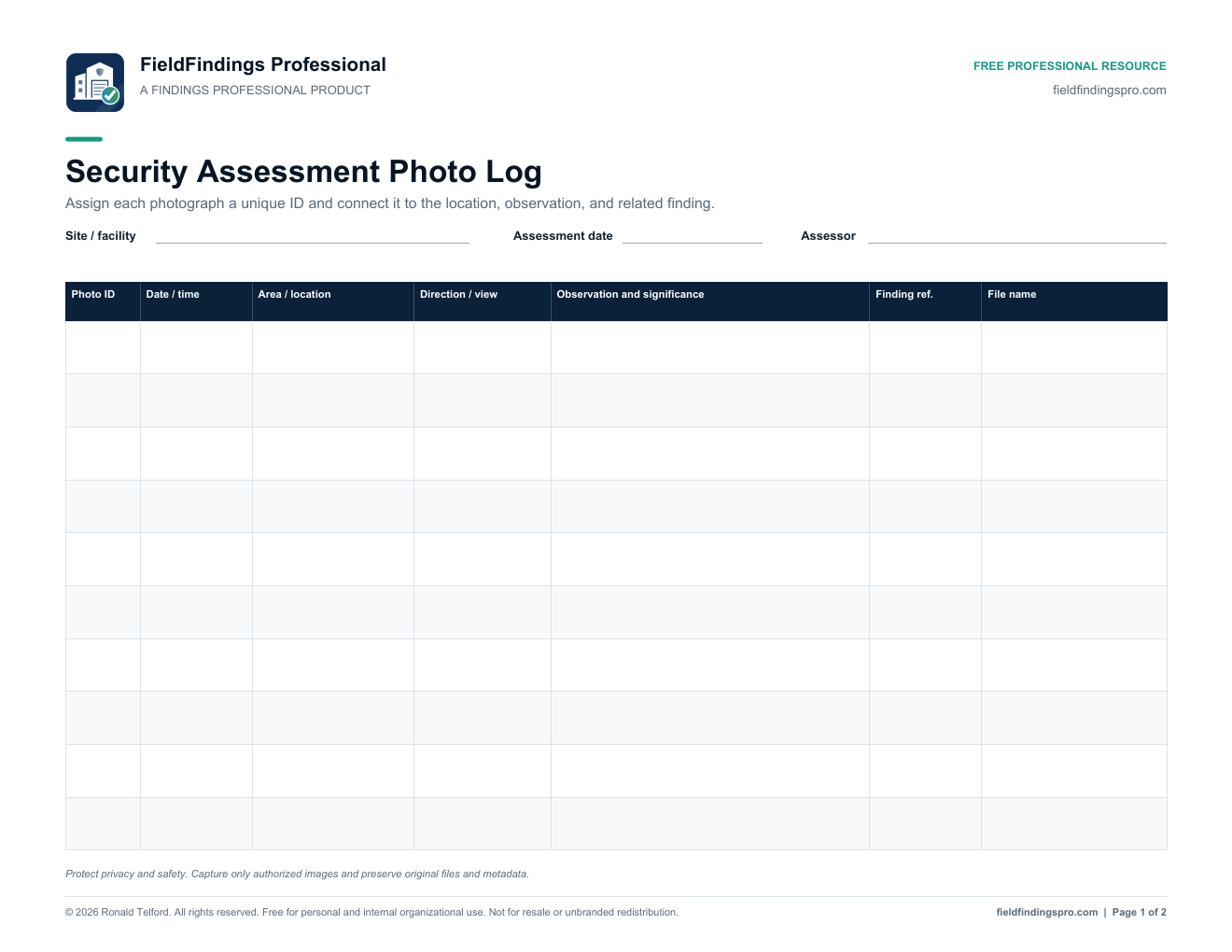 First page of the Security Assessment Photo Log