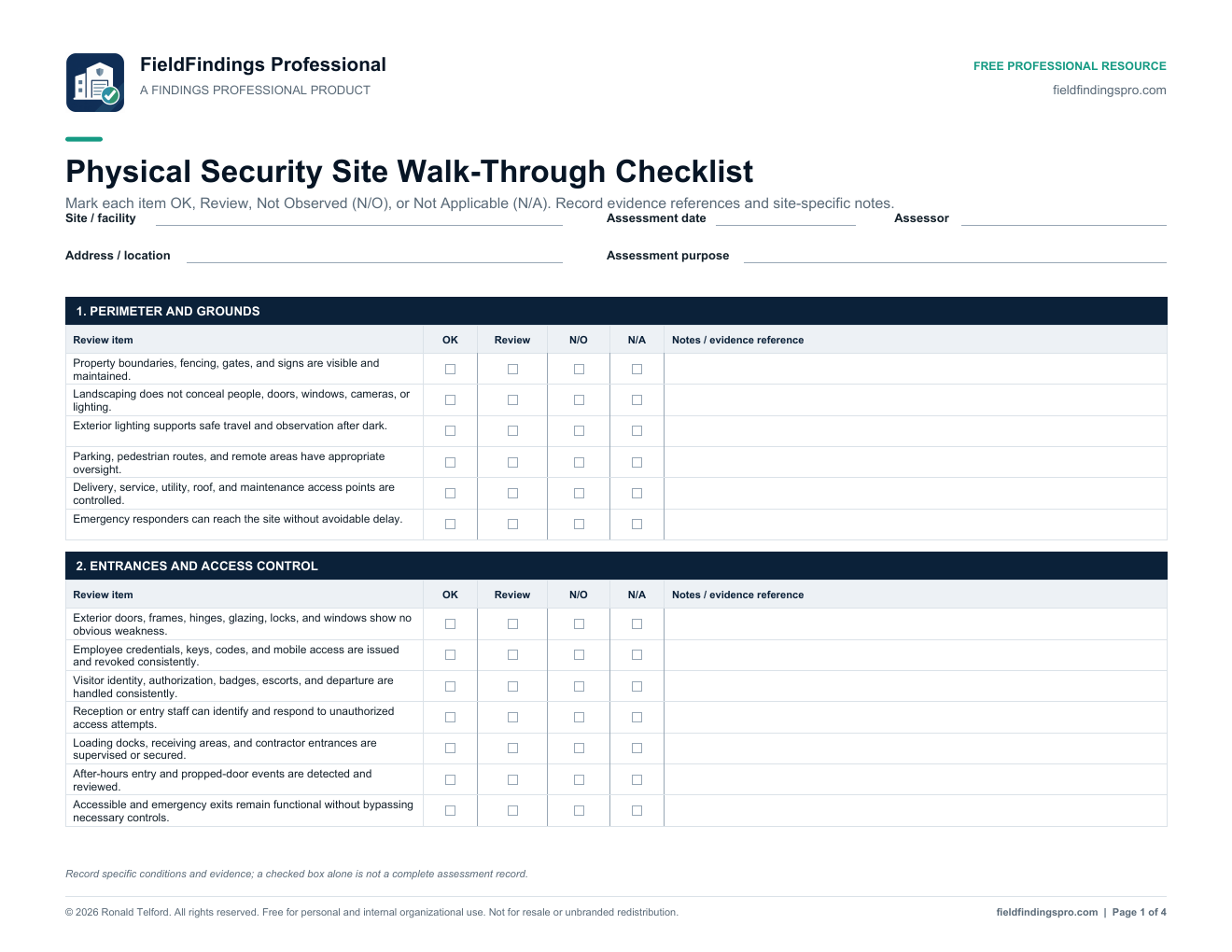 First page of the Physical Security Site Walk-Through Checklist