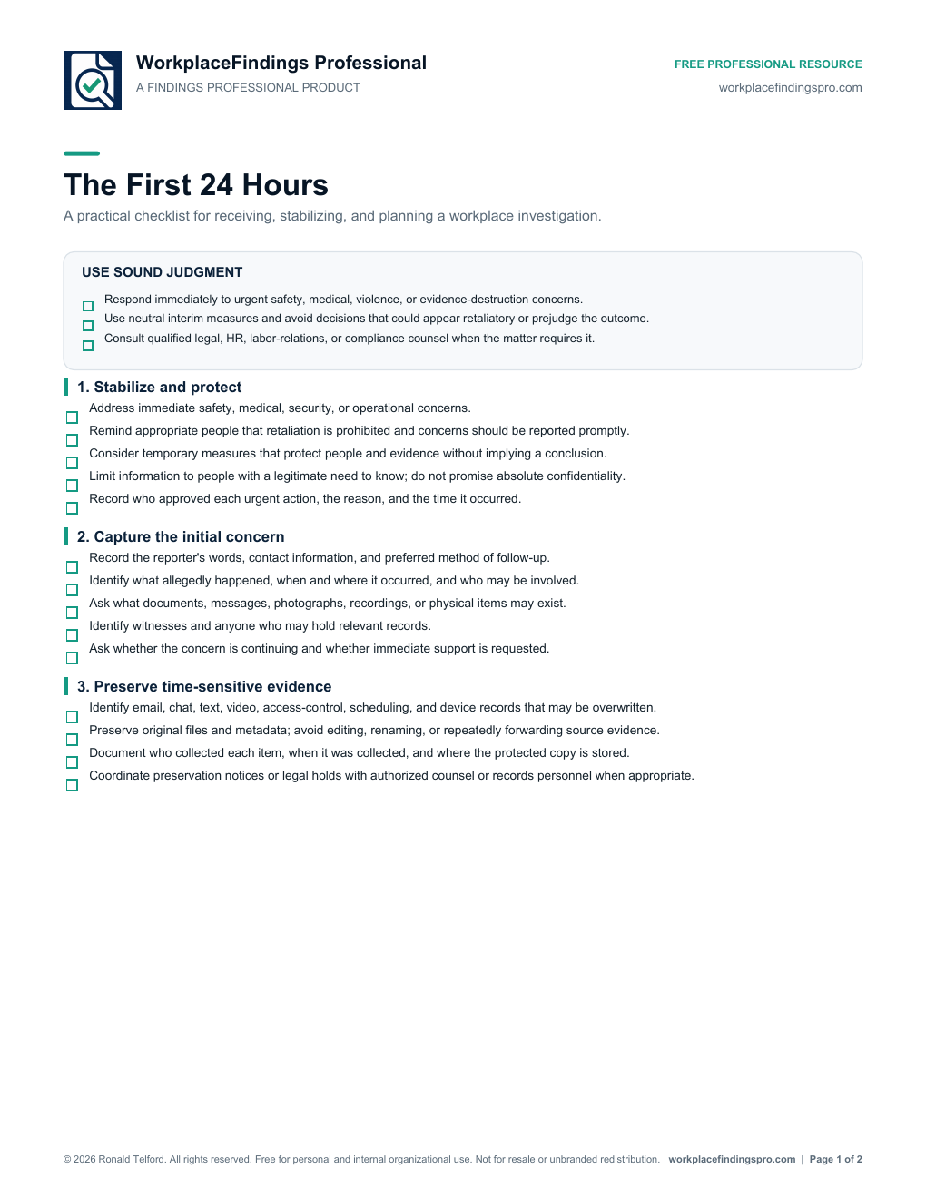 First page of The First 24 Hours workplace investigation checklist